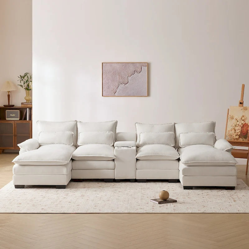 123*55 Canapé d'angle moderne en U avec console, porte-gobelets et ports USB, rembourré, canapé-lit avec méridienne