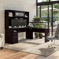 Bureau d'angle réglable en hauteur 72 W à trois niveaux avec étagère.