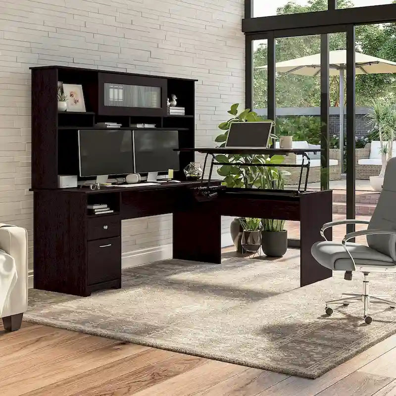 Bureau d'angle réglable en hauteur 72 W à trois niveaux avec étagère.