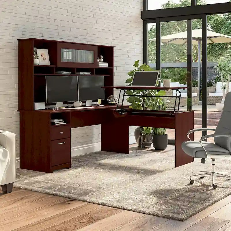 Bureau d'angle réglable en hauteur 72 W à trois niveaux avec étagère.