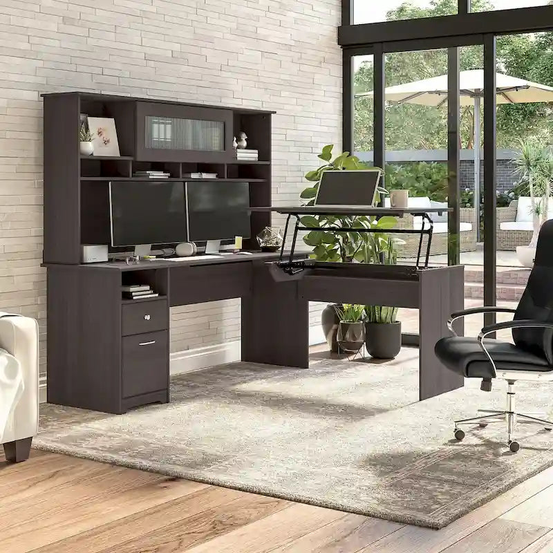 Bureau d'angle réglable en hauteur 72 W à trois niveaux avec étagère.