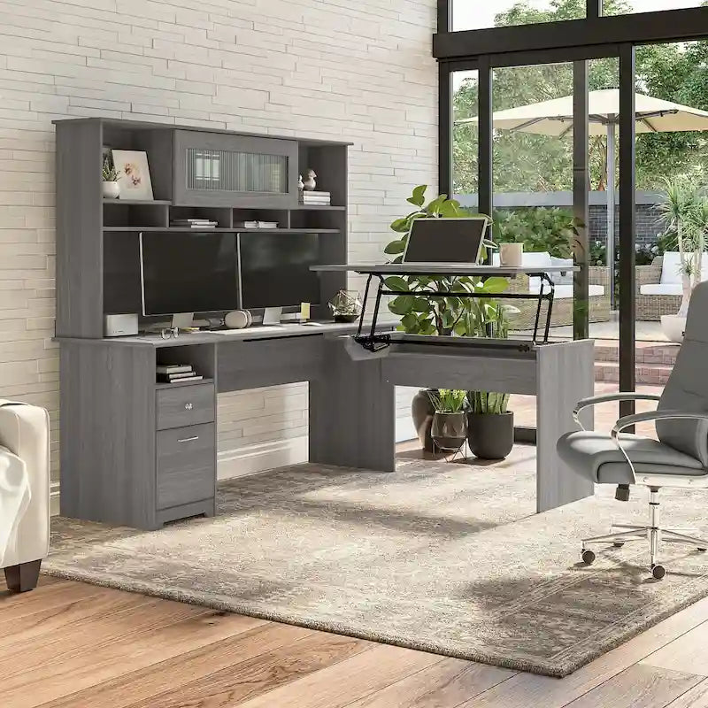 Bureau d'angle réglable en hauteur 72 W à trois niveaux avec étagère.