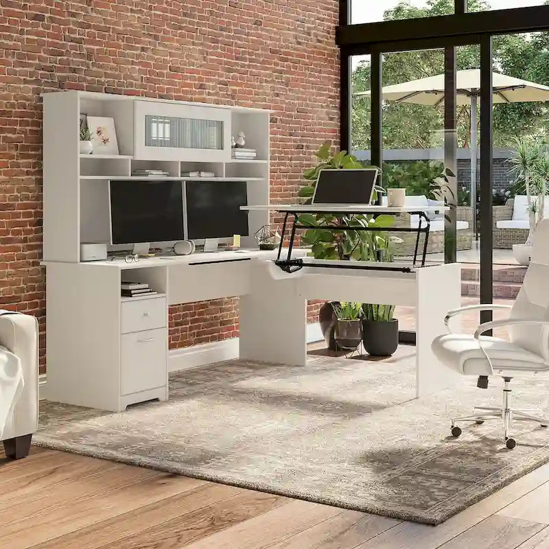 Bureau d'angle réglable en hauteur 72 W à trois niveaux avec étagère.