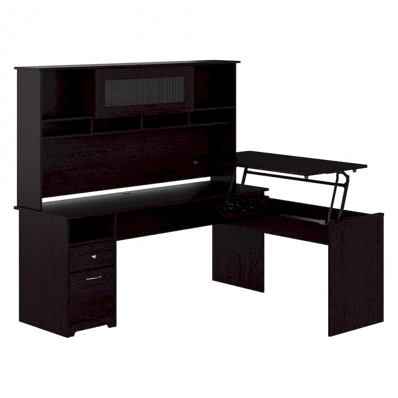 Bureau d'angle réglable en hauteur 72 W à trois niveaux avec étagère.