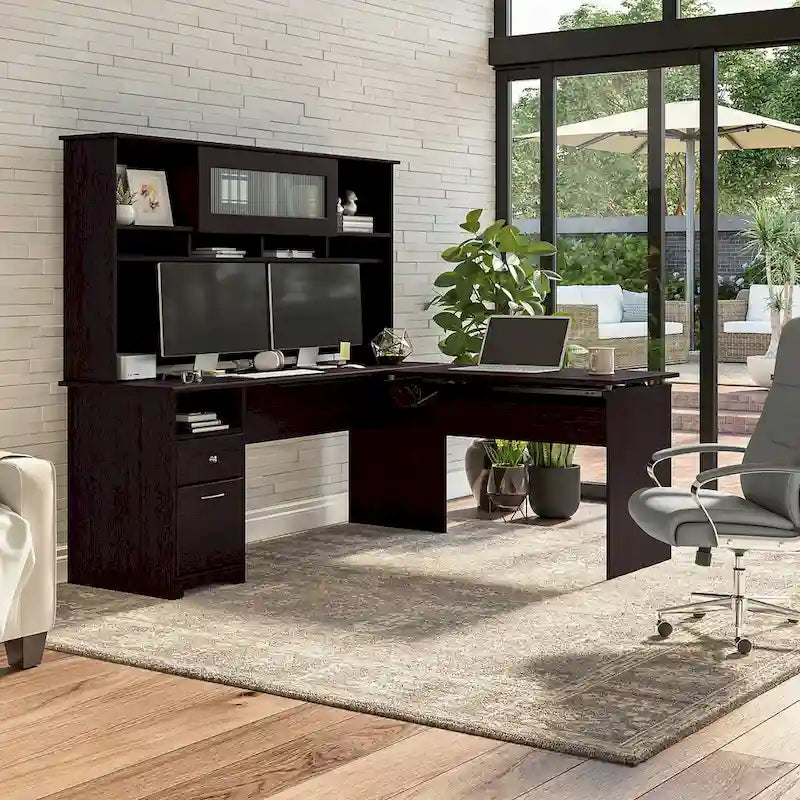 Bureau d'angle réglable en hauteur 72 W à trois niveaux avec étagère.