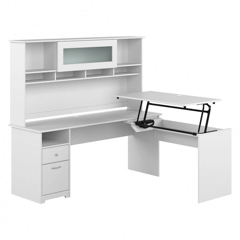 Bureau d'angle réglable en hauteur 72 W à trois niveaux avec étagère.