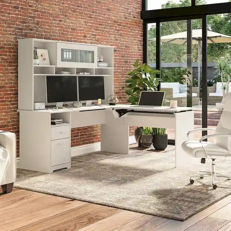 Bureau d'angle réglable en hauteur 72 W à trois niveaux avec étagère.
