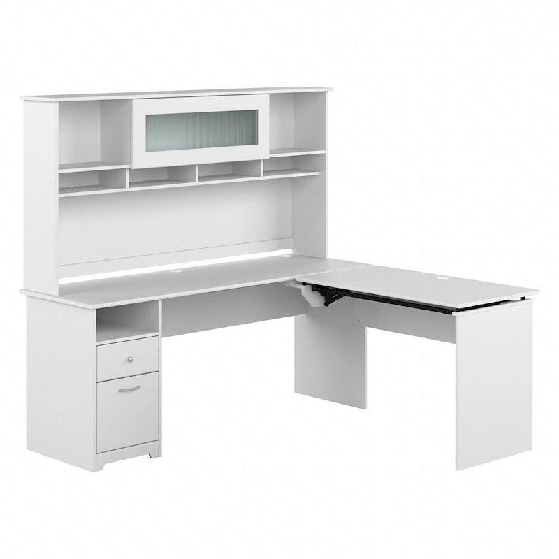 Bureau d'angle réglable en hauteur 72 W à trois niveaux avec étagère.