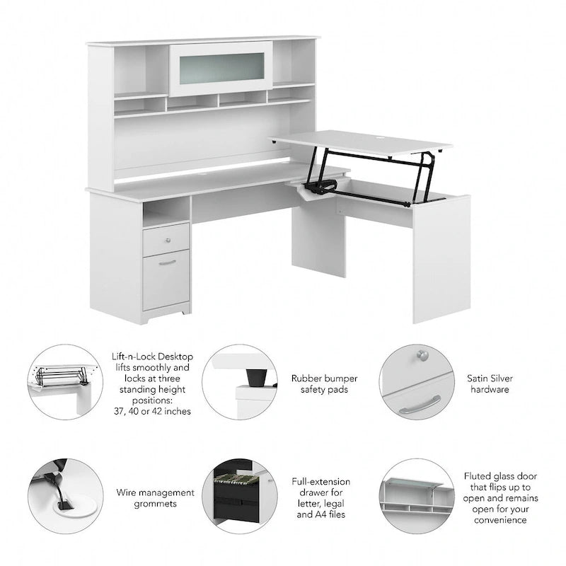 Bureau d'angle réglable en hauteur 72 W à trois niveaux avec étagère.