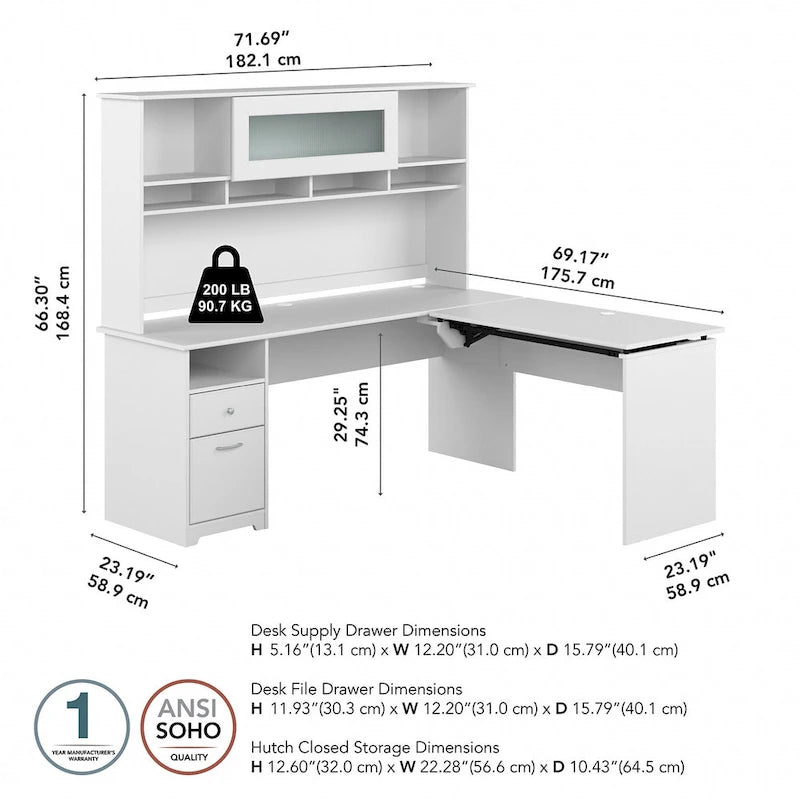 Bureau d'angle réglable en hauteur 72 W à trois niveaux avec étagère.