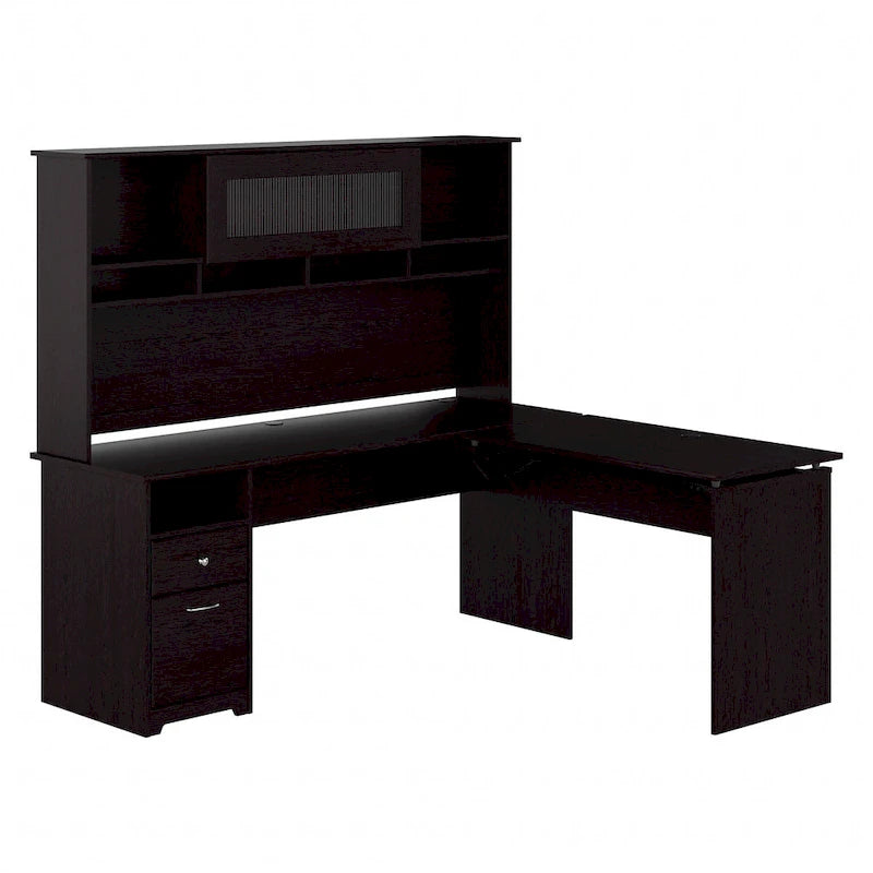 Bureau d'angle réglable en hauteur 72 W à trois niveaux avec étagère.