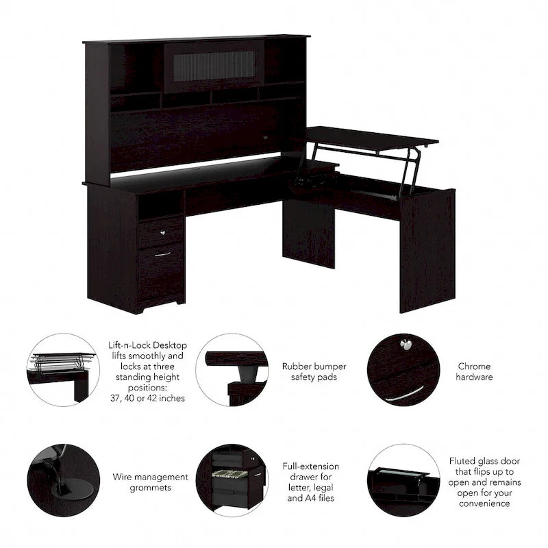 Bureau d'angle réglable en hauteur 72 W à trois niveaux avec étagère.