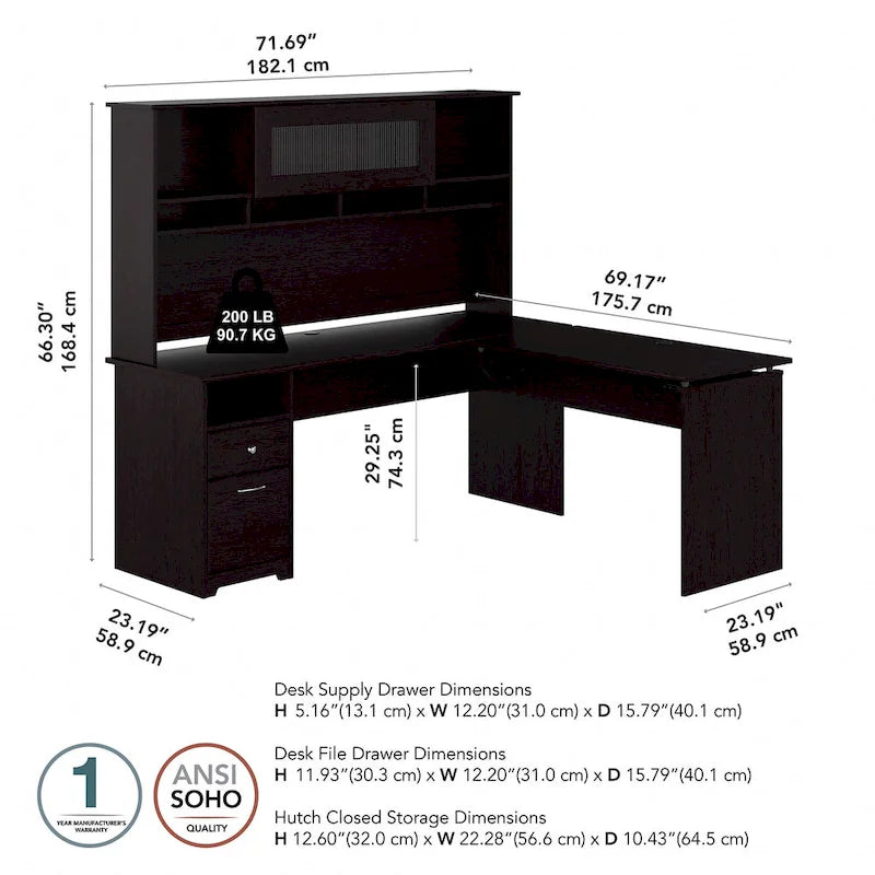 Bureau d'angle réglable en hauteur 72 W à trois niveaux avec étagère.