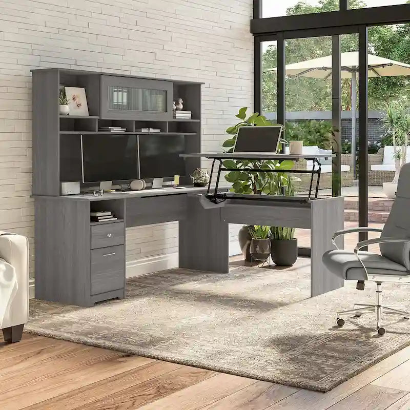 Bureau d'angle réglable en hauteur 72 W à trois niveaux avec étagère.