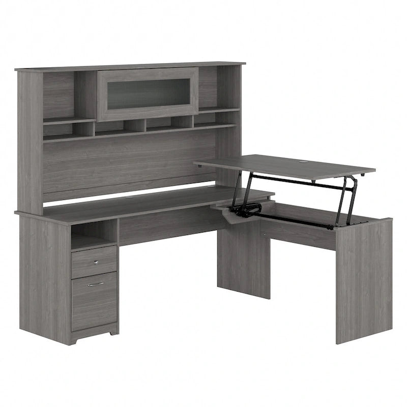 Bureau d'angle réglable en hauteur 72 W à trois niveaux avec étagère.