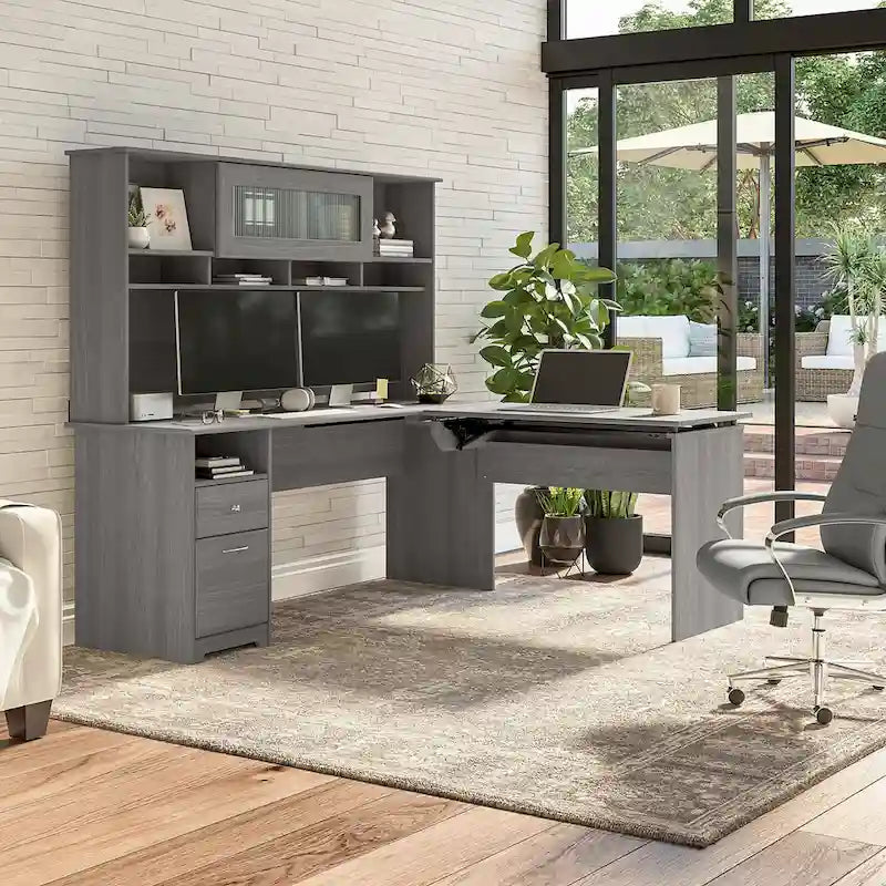 Bureau d'angle réglable en hauteur 72 W à trois niveaux avec étagère.