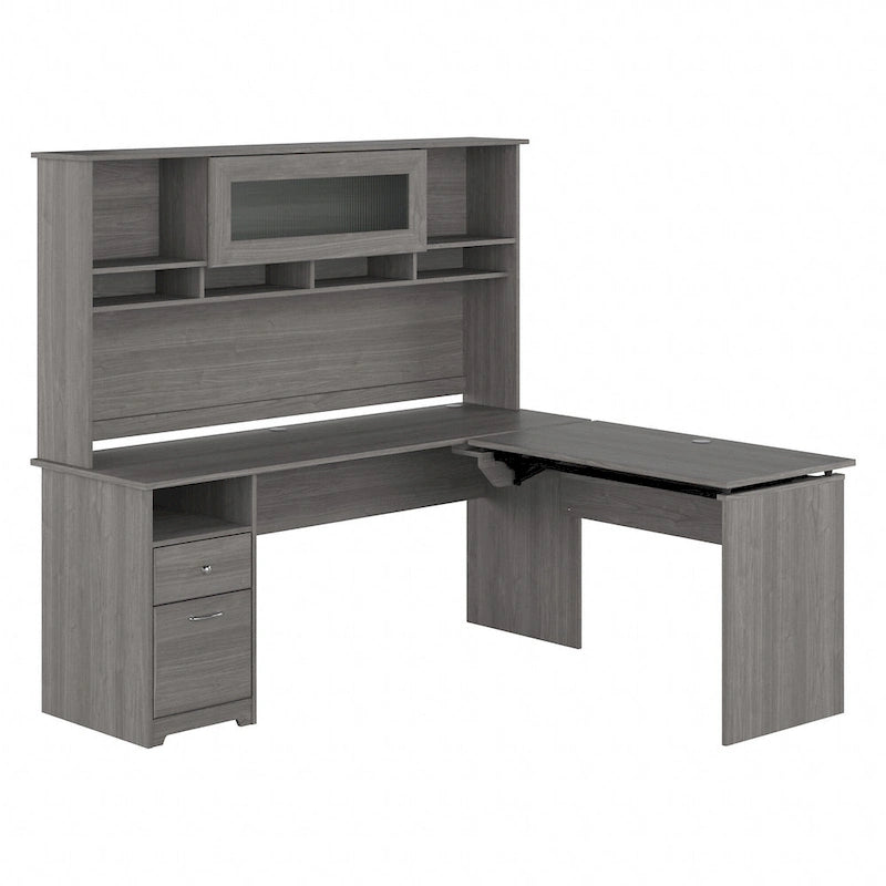 Bureau d'angle réglable en hauteur 72 W à trois niveaux avec étagère.