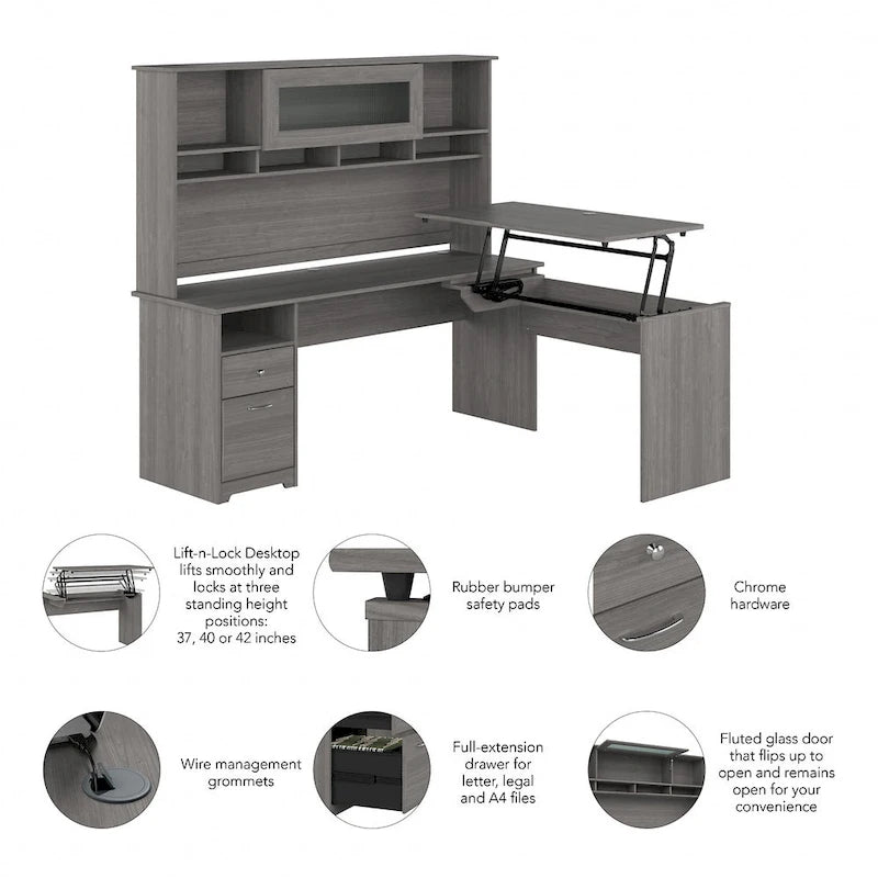 Bureau d'angle réglable en hauteur 72 W à trois niveaux avec étagère.