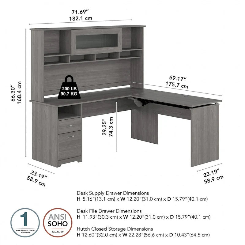 Bureau d'angle réglable en hauteur 72 W à trois niveaux avec étagère.