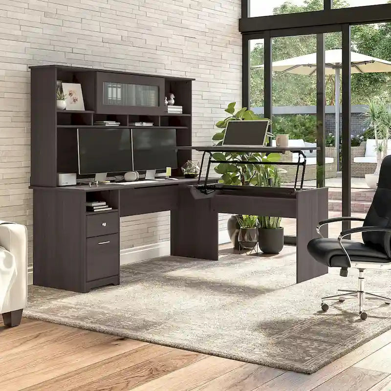 Bureau d'angle réglable en hauteur 72 W à trois niveaux avec étagère.