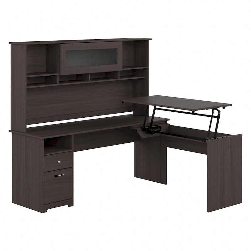 Bureau d'angle réglable en hauteur 72 W à trois niveaux avec étagère.