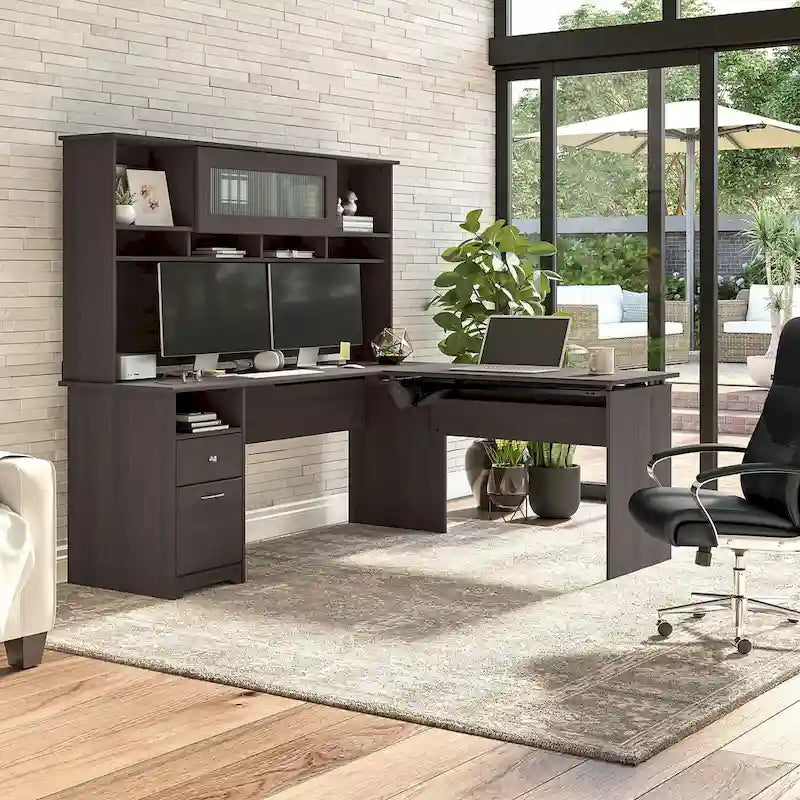 Bureau d'angle réglable en hauteur 72 W à trois niveaux avec étagère.