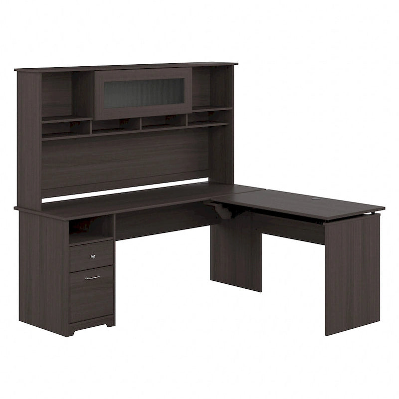 Bureau d'angle réglable en hauteur 72 W à trois niveaux avec étagère.