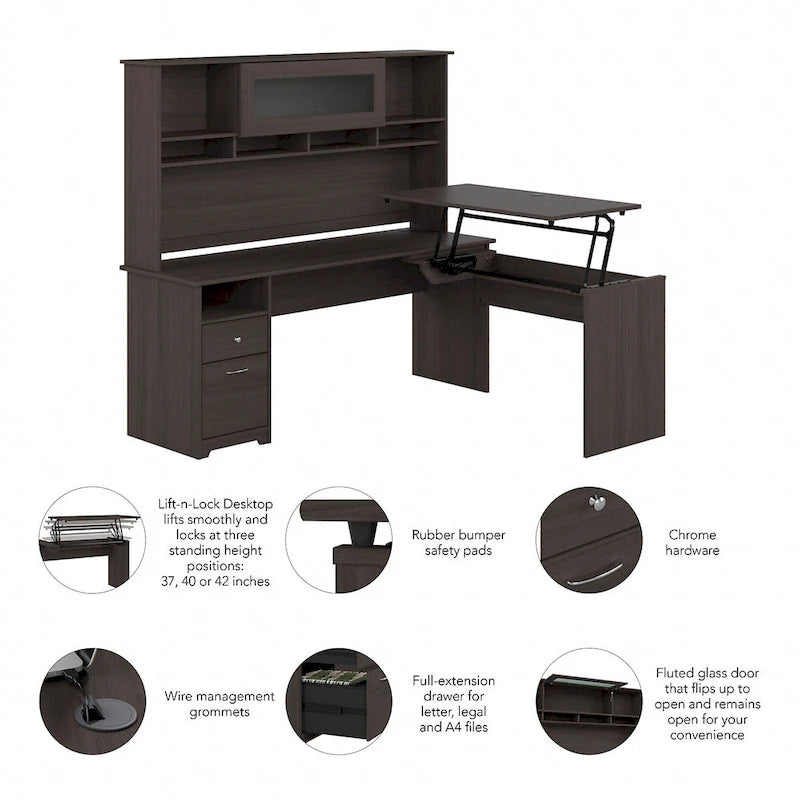 Bureau d'angle réglable en hauteur 72 W à trois niveaux avec étagère.