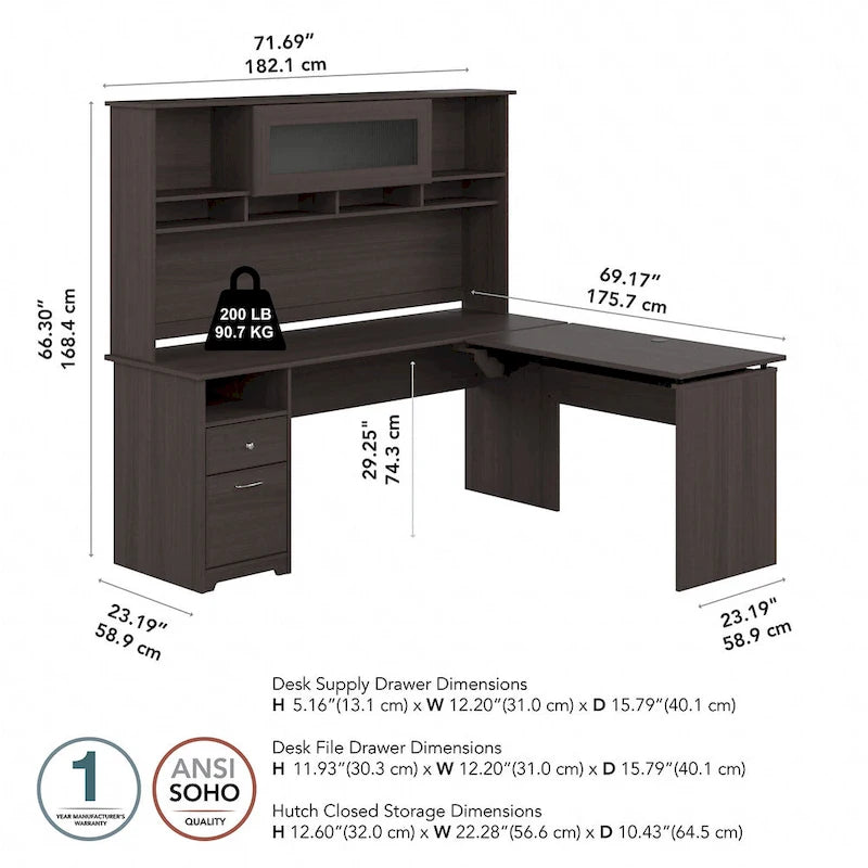 Bureau d'angle réglable en hauteur 72 W à trois niveaux avec étagère.