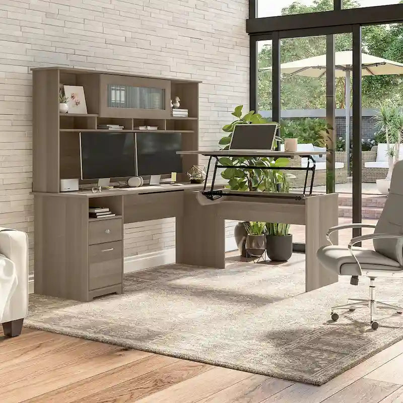 Bureau d'angle réglable en hauteur 72 W à trois niveaux avec étagère.