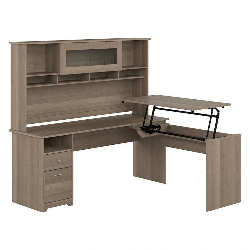 Bureau d'angle réglable en hauteur 72 W à trois niveaux avec étagère.