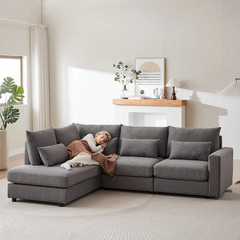 Canapé d'angle en lin avec pouf et oreillers lombaires