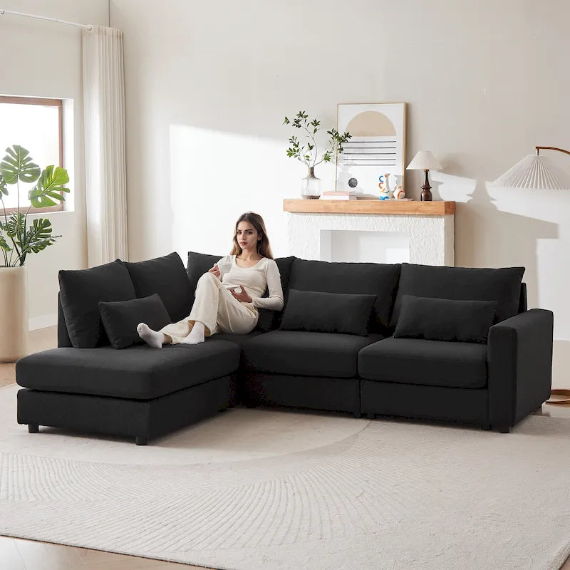 Canapé d'angle en lin avec pouf et oreillers lombaires