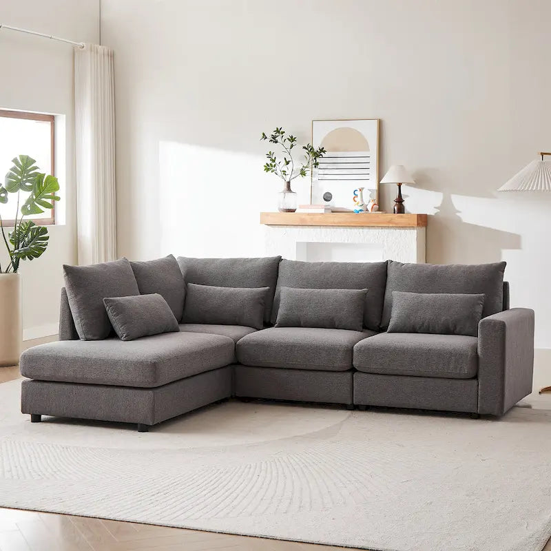 Canapé d'angle en lin avec pouf et oreillers lombaires