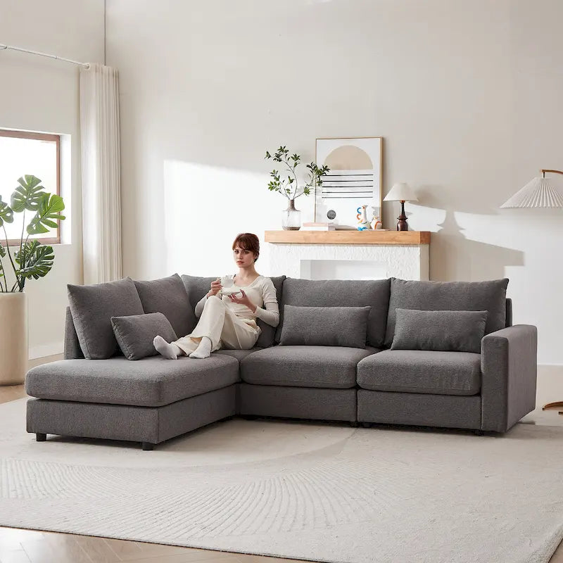 Canapé d'angle en lin avec pouf et oreillers lombaires