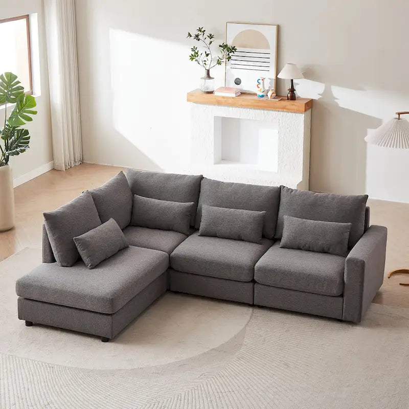 Canapé d'angle en lin avec pouf et oreillers lombaires
