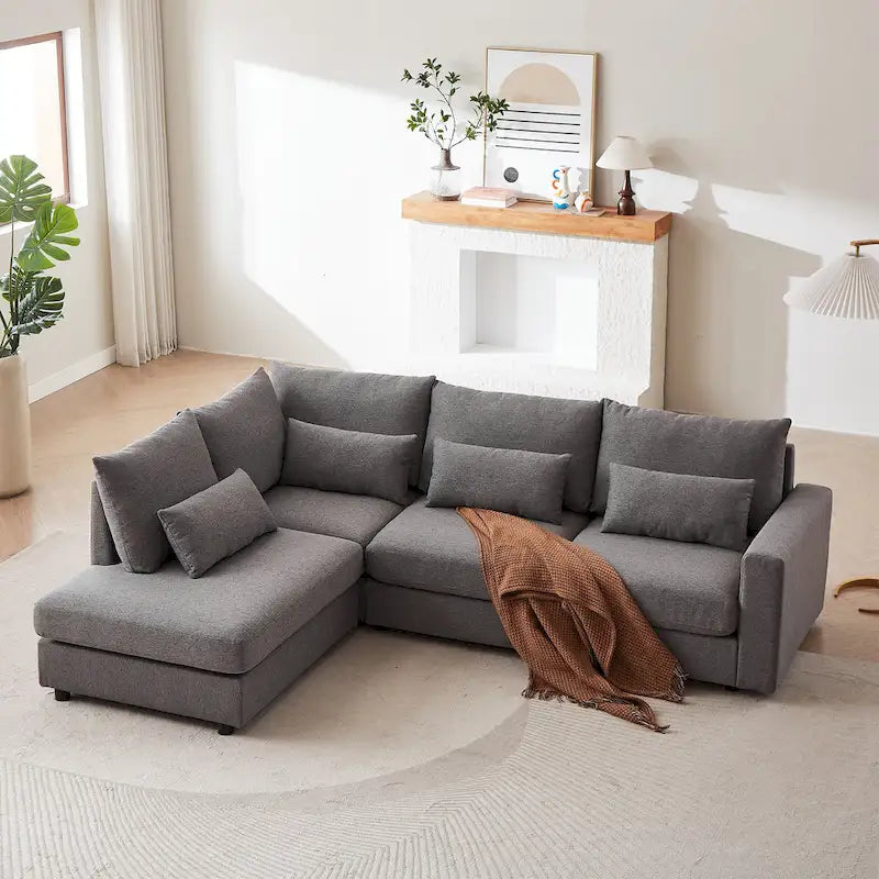 Canapé d'angle en lin avec pouf et oreillers lombaires