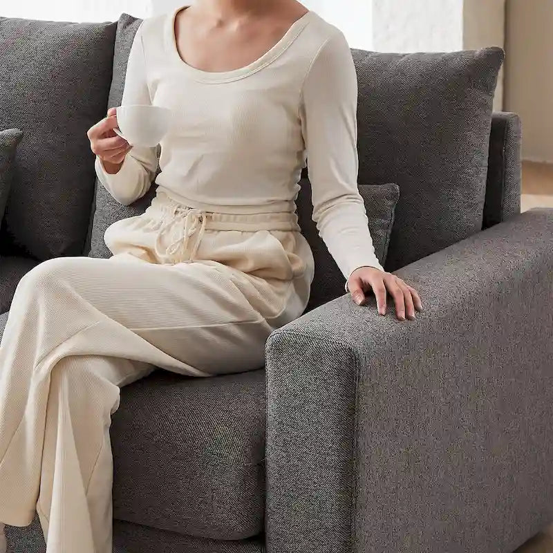 Canapé d'angle en lin avec pouf et oreillers lombaires