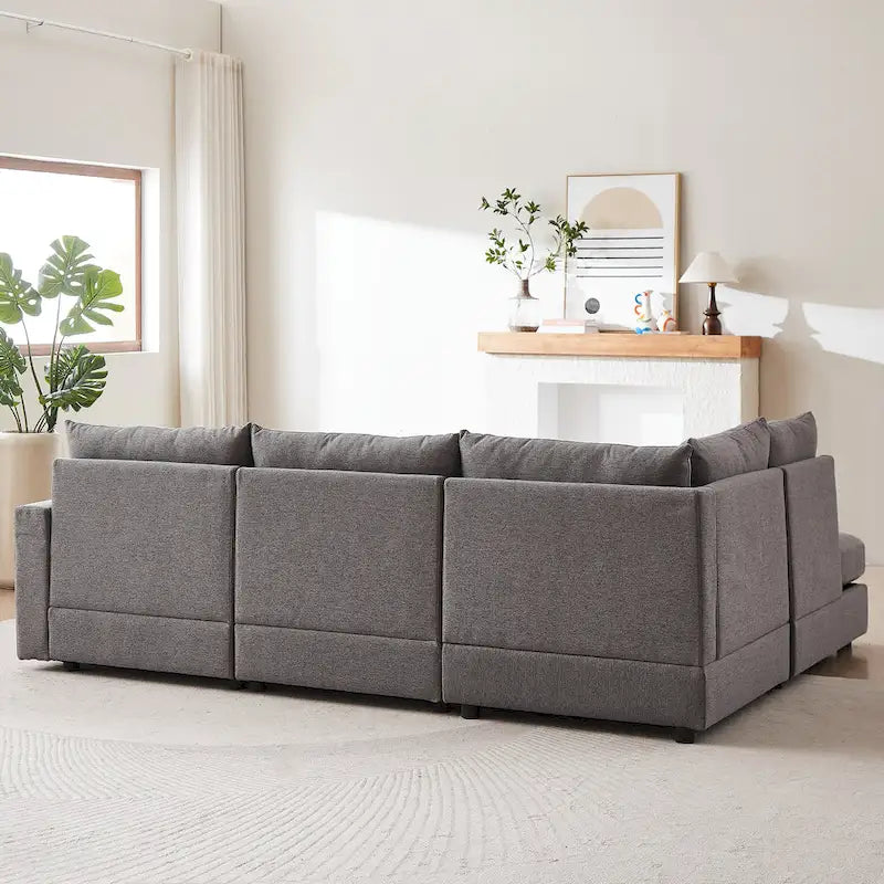 Canapé d'angle en lin avec pouf et oreillers lombaires