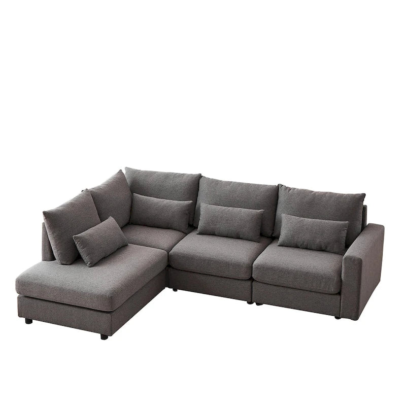 Canapé d'angle en lin avec pouf et oreillers lombaires