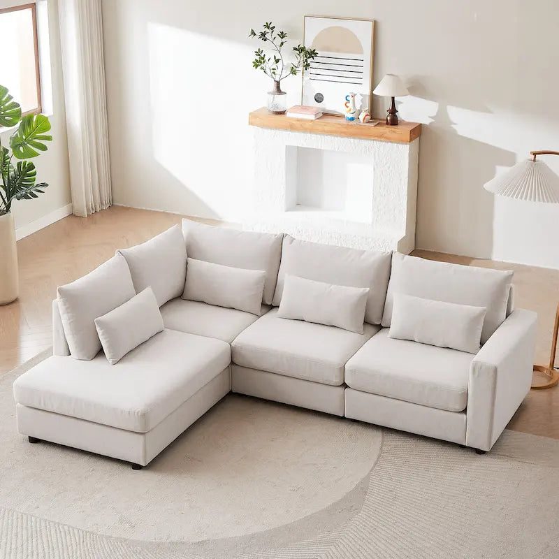 Canapé d'angle en lin avec pouf et oreillers lombaires