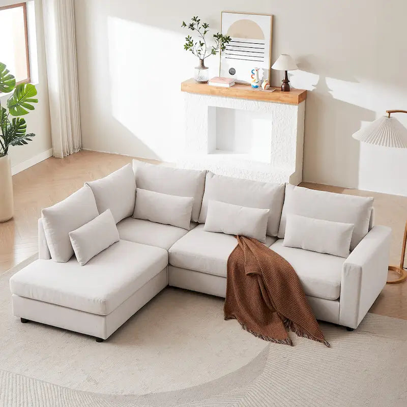 Canapé d'angle en lin avec pouf et oreillers lombaires