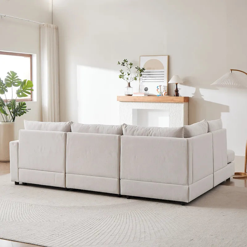 Canapé d'angle en lin avec pouf et oreillers lombaires