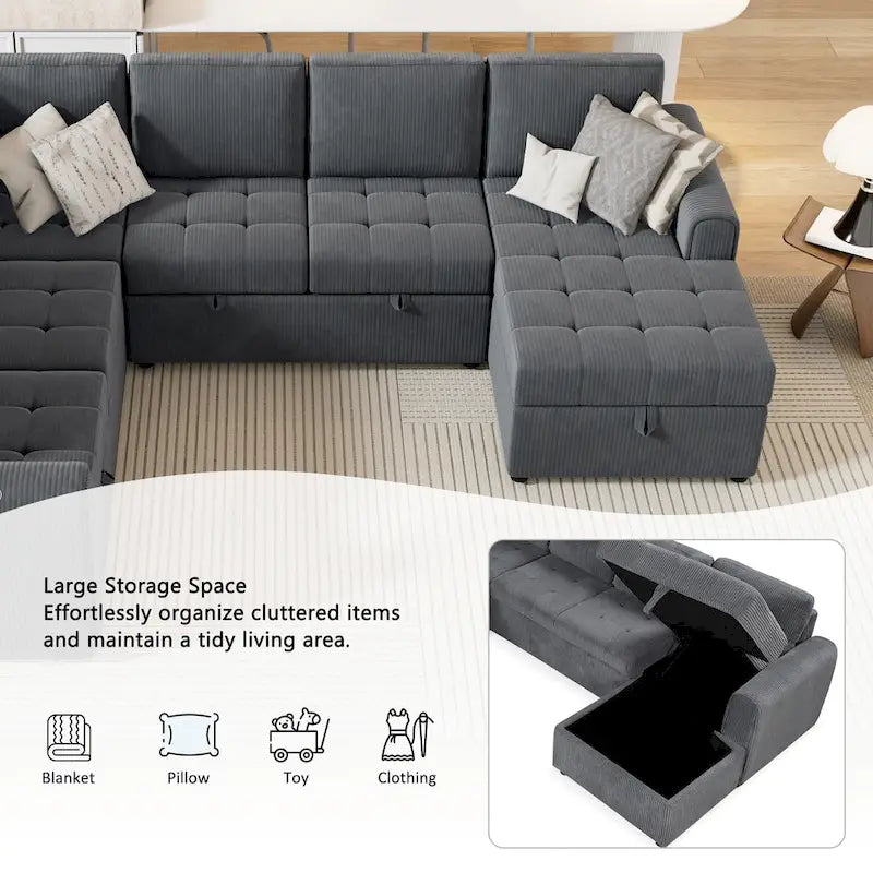 Canapé-lit d'angle en U avec rangement, méridienne et prises de recharge intégrées, idéal pour les salons.