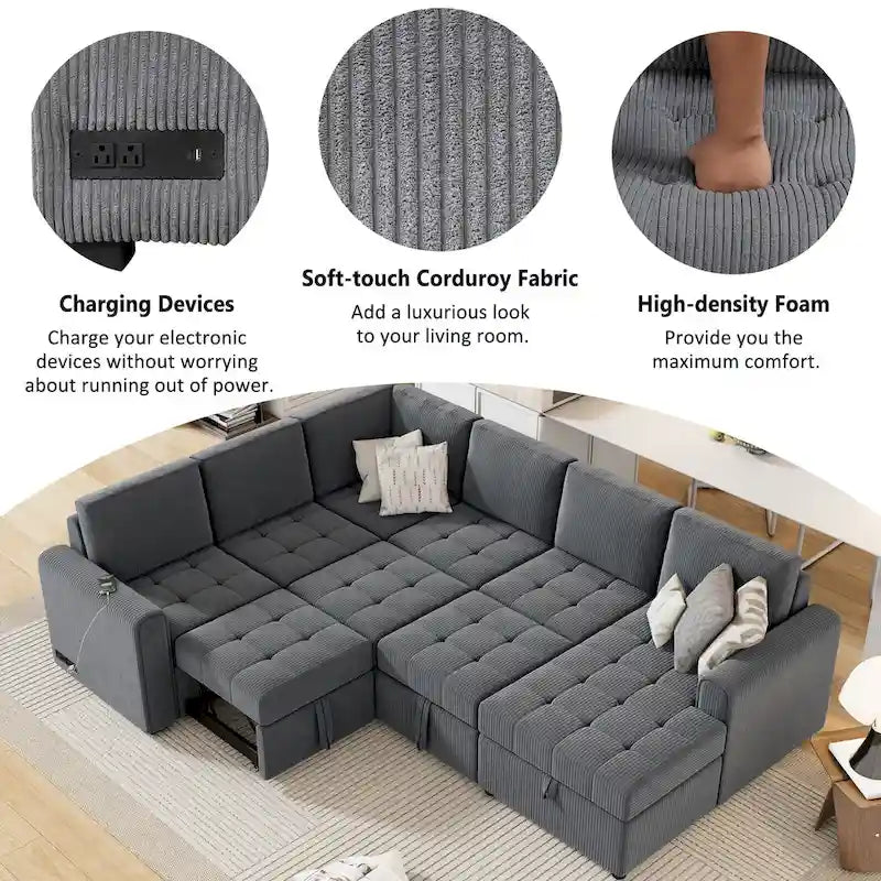 Canapé-lit d'angle en U avec rangement, méridienne et prises de recharge intégrées, idéal pour les salons.