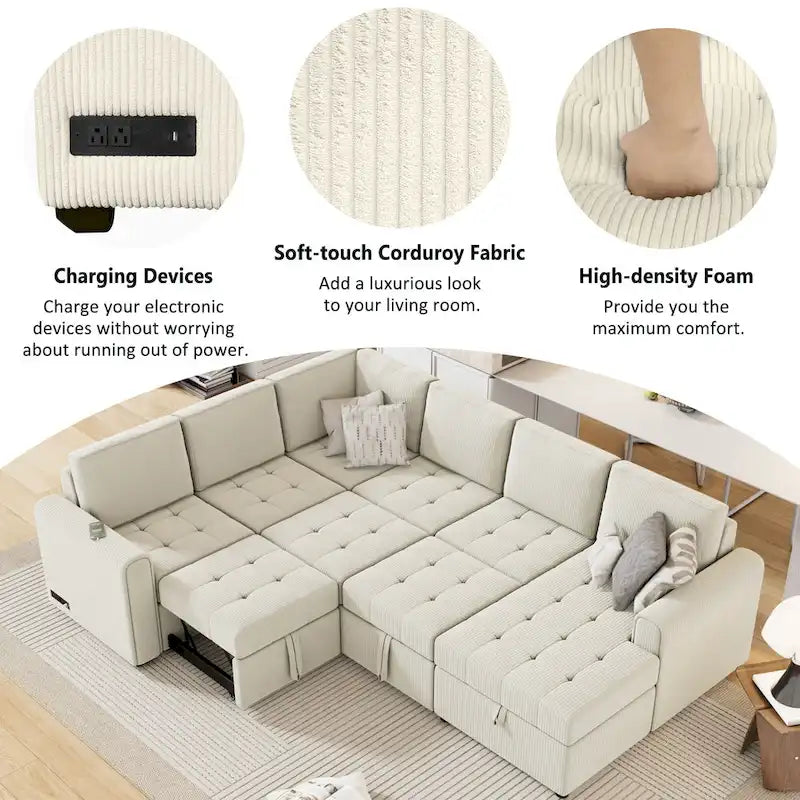 Canapé-lit d'angle en U avec rangement, méridienne et prises de recharge intégrées, idéal pour les salons.
