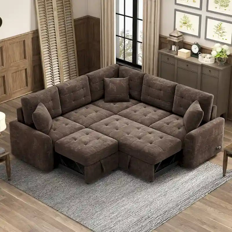 Ce canapé-lit d'angle escamotable, équipé de roulettes, d'un port USB et d'une prise de courant, est un choix idéal et entièrement fonctionnel pour un sommeil confortable dans le salon.