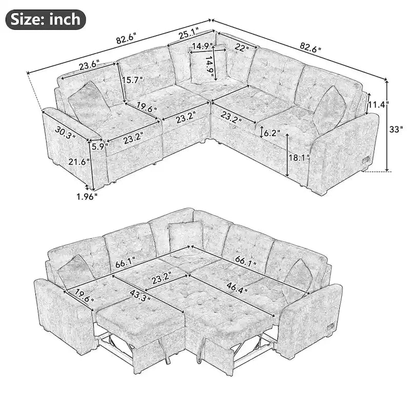 Ce canapé-lit d'angle escamotable, équipé de roulettes, d'un port USB et d'une prise de courant, est un choix idéal et entièrement fonctionnel pour un sommeil confortable dans le salon.