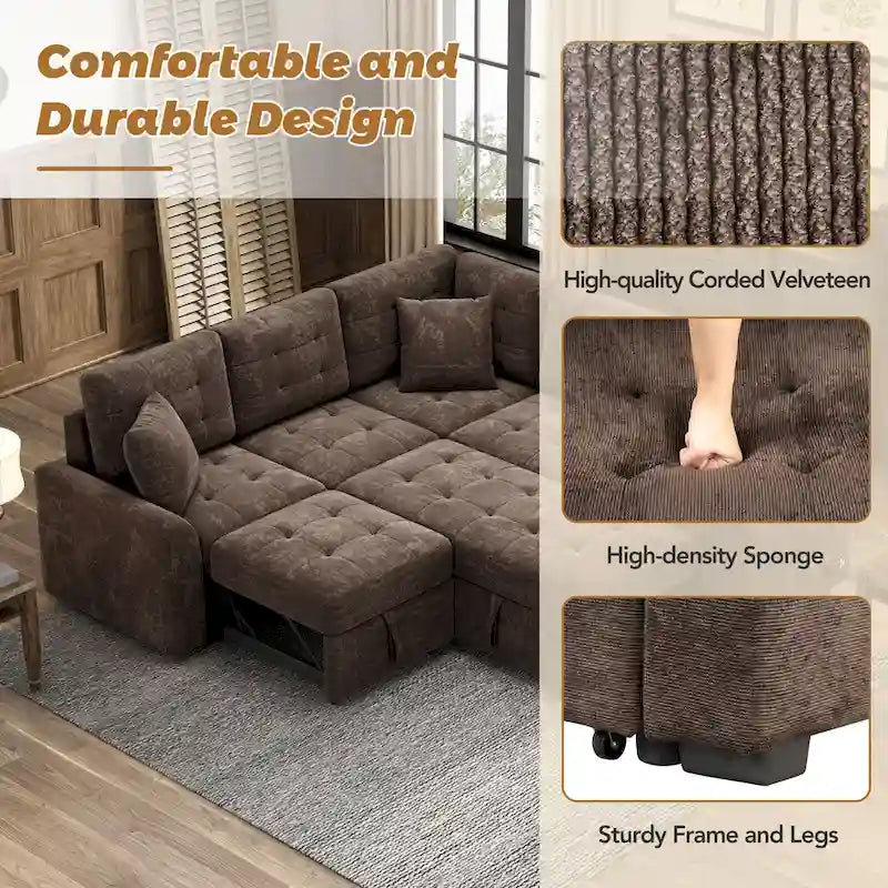 Ce canapé-lit d'angle escamotable, équipé de roulettes, d'un port USB et d'une prise de courant, est un choix idéal et entièrement fonctionnel pour un sommeil confortable dans le salon.