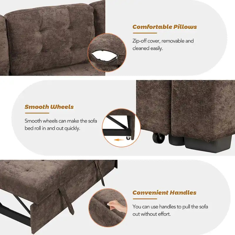 Ce canapé-lit d'angle escamotable, équipé de roulettes, d'un port USB et d'une prise de courant, est un choix idéal et entièrement fonctionnel pour un sommeil confortable dans le salon.